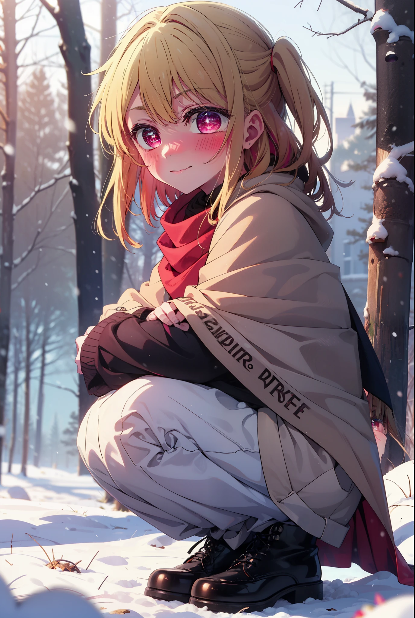 rubyhoshino, Hoshino Ruby, Long Hair, bangs, blonde, (Pink Eyes:1.3), Side Lock, (Symbol-shaped pupil:1.5), Multicolored Hair, Two-tone hair, smile,,smile,blush,white breath,
Open your mouth,snow,Ground bonfire, Outdoor, boots, snowing, From the side, wood, suitcase, Cape, Blurred, , forest, White handbag, nature,  Squat, Mouth closed, Cape, winter, Written boundary depth, Black shoes, red Cape break looking at viewer, Upper Body, whole body, break Outdoor, forest, nature, break (masterpiece:1.2), Highest quality, High resolution, unity 8k wallpaper, (shape:0.8), (Beautiful and beautiful eyes:1.6), Highly detailed face, Perfect lighting, Highly detailed CG, (Perfect hands, Perfect Anatomy),