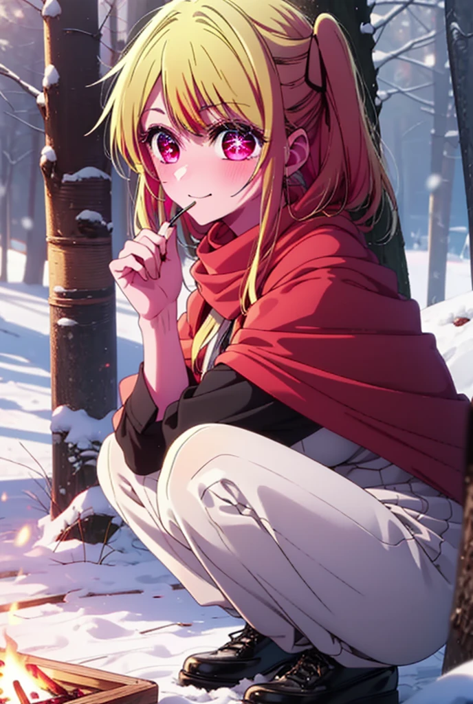 rubyhoshino, Hoshino Ruby, Long Hair, bangs, blonde, (Pink Eyes:1.3), Side Lock, (Symbol-shaped pupil:1.5), Multicolored Hair, Two-tone hair, smile,,smile,blush,white breath,
Open your mouth,snow,Ground bonfire, Outdoor, boots, snowing, From the side, wood, suitcase, Cape, Blurred, , forest, White handbag, nature,  Squat, Mouth closed, Cape, winter, Written boundary depth, Black shoes, red Cape break looking at viewer, Upper Body, whole body, break Outdoor, forest, nature, break (masterpiece:1.2), Highest quality, High resolution, unity 8k wallpaper, (shape:0.8), (Beautiful and beautiful eyes:1.6), Highly detailed face, Perfect lighting, Highly detailed CG, (Perfect hands, Perfect Anatomy),