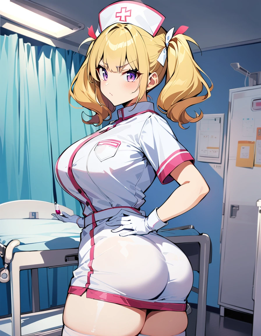 2girl, 19 years old, large breasts, triple D cup breasts, round buttocks, bubbly buttocks, wide hips, bubbly ass, nurse, nurse cap, White nurse uniform, ((white legwear, zettai ryouiki)), white gloves, twin tails, yellow hair, purple eyes, anger, syringe in hand,  standing, ((hospital room)), sharp outline, short sleeve, highest quality, masterpiece