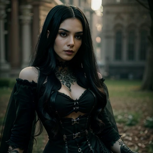 1 woman, European face, European eyes, pretty face, 30 years old, age 30, black long hair, black, green eyes, gothic style, wearing a long black dress, ultra detailed face, hyperrealistic, realistic representation, full body view, gothic style, dancing at a gothic festival