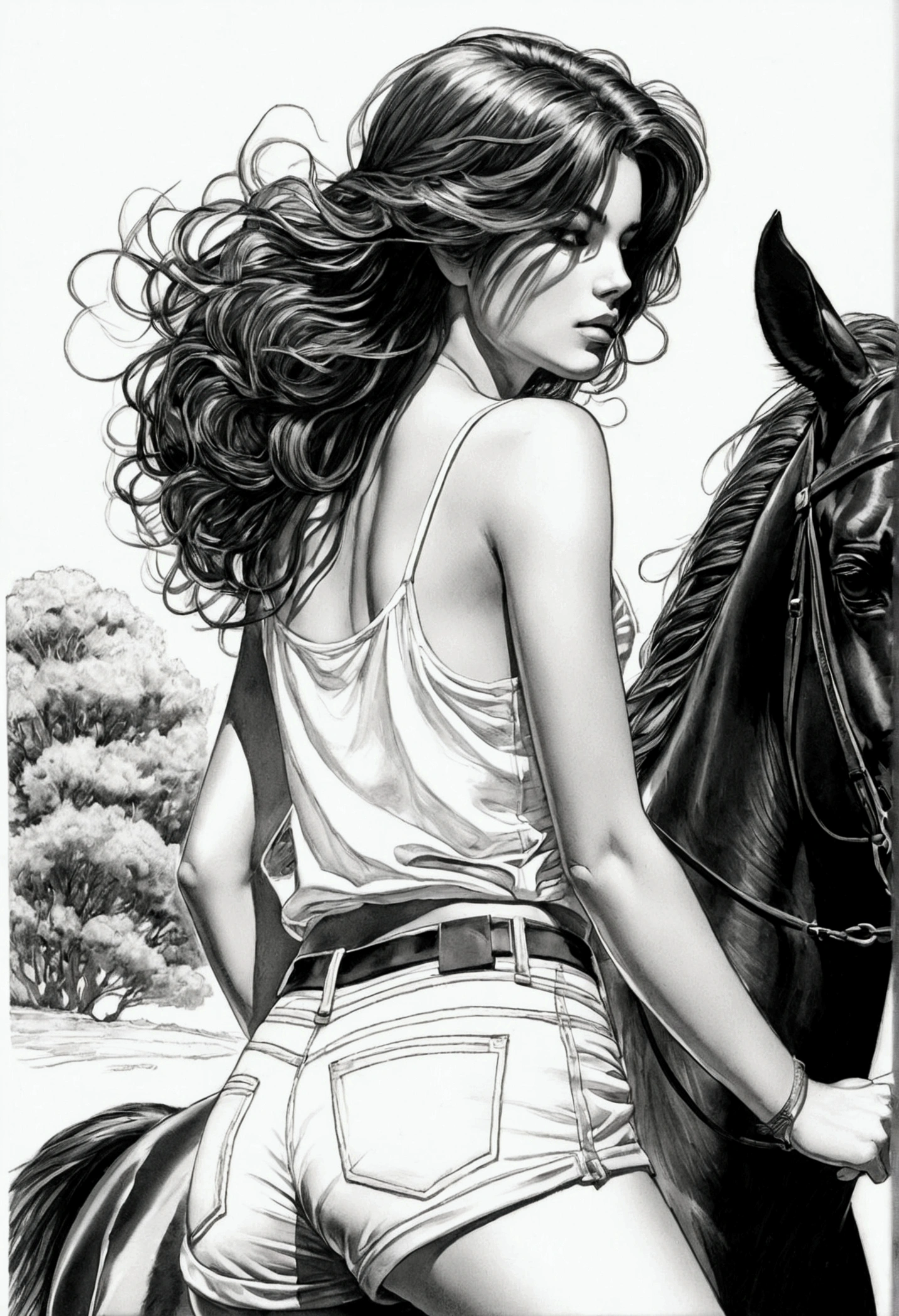 Garota com cabelo rabo de cavalo, sensual, shorts,Black and White drawing, Milo Manara style