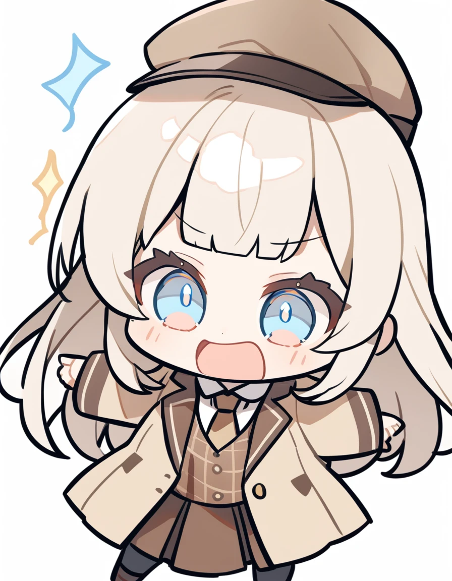 One girl, Beige hair、Long Hair、Bangs、Detective Suit、chibi,Light blue eyes、simple background、Surprised face、Newsboy hat、skirt、Brown clothes