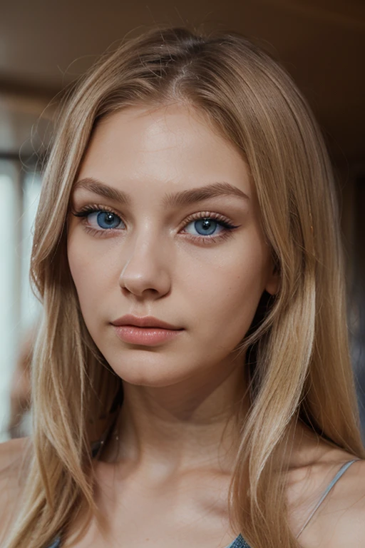 Young 22 years old russian woman, high cheekbones, mysterious gaze, heart faceshape, blue eyes, hunter eye shape, long eyelashes, full lips, small nose, blond straight hairs