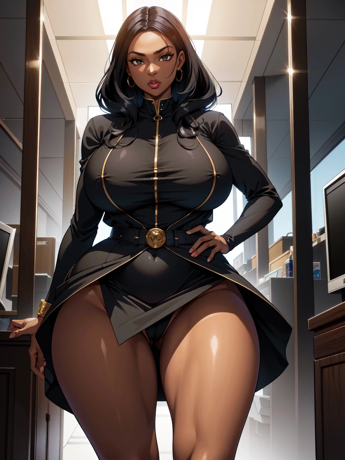 ((Mega art, ultra detailed)), black woman, black skin color, Black woman, Big ass, thin waist, average breasts, average legs, long legs, thick thighs, very wide ass, giant ass, lawyer, court, dress with ass exposed