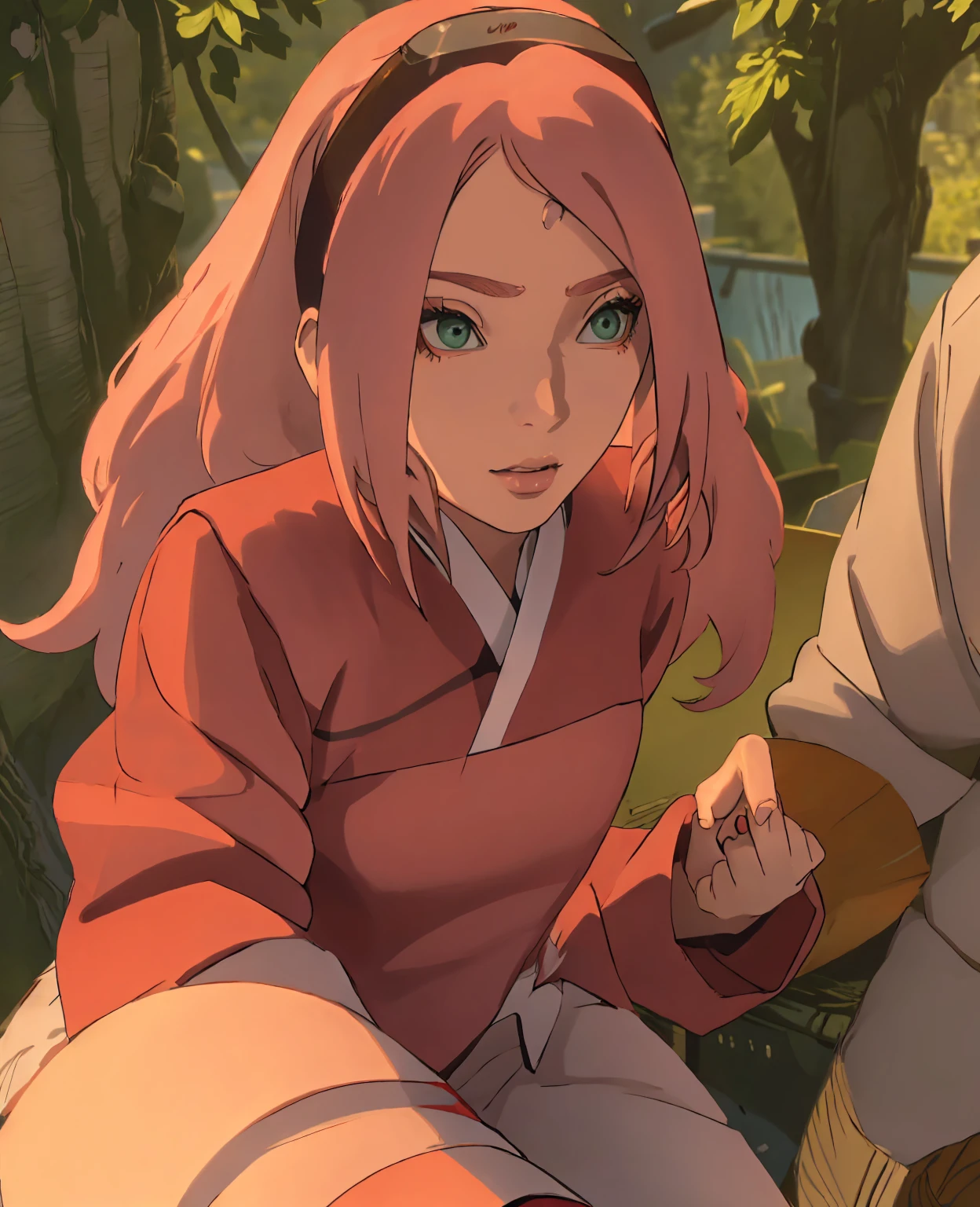 a beautiful and elegant young woman with long pink hair, green eyes, flawless skin, and a gentle expression, wearing a traditional japanese kimono with sakura flower patterns, standing in a lush sakura garden with soft lighting, (best quality,8k,highres,masterpiece:1.2),ultra-detailed,(realistic,photorealistic:1.37),detailed facial features,intricate kimono pattern,beautiful sakura blossoms,natural lighting,atmospheric,warm color palette