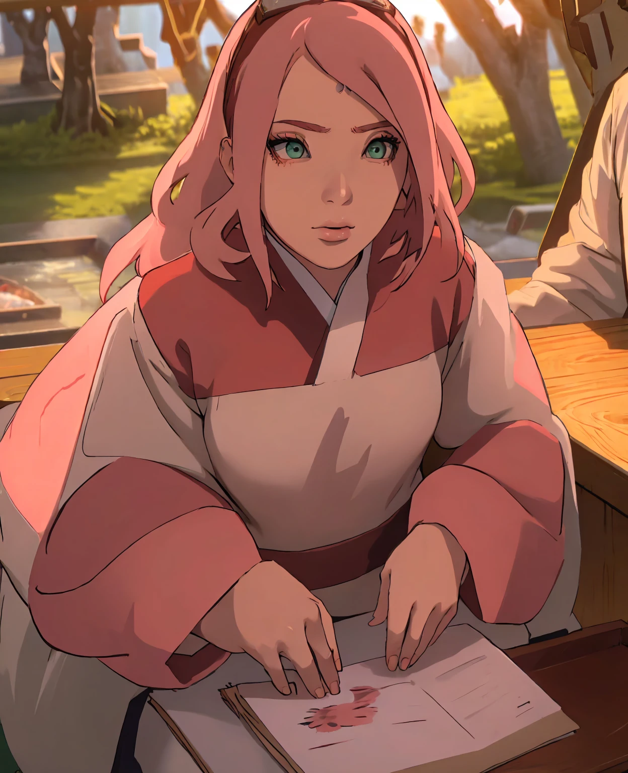 a beautiful and elegant young woman with long pink hair, green eyes, flawless skin, and a gentle expression, wearing a traditional japanese kimono with sakura flower patterns, standing in a lush sakura garden with soft lighting, (best quality,8k,highres,masterpiece:1.2),ultra-detailed,(realistic,photorealistic:1.37),detailed facial features,intricate kimono pattern,beautiful sakura blossoms,natural lighting,atmospheric,warm color palette