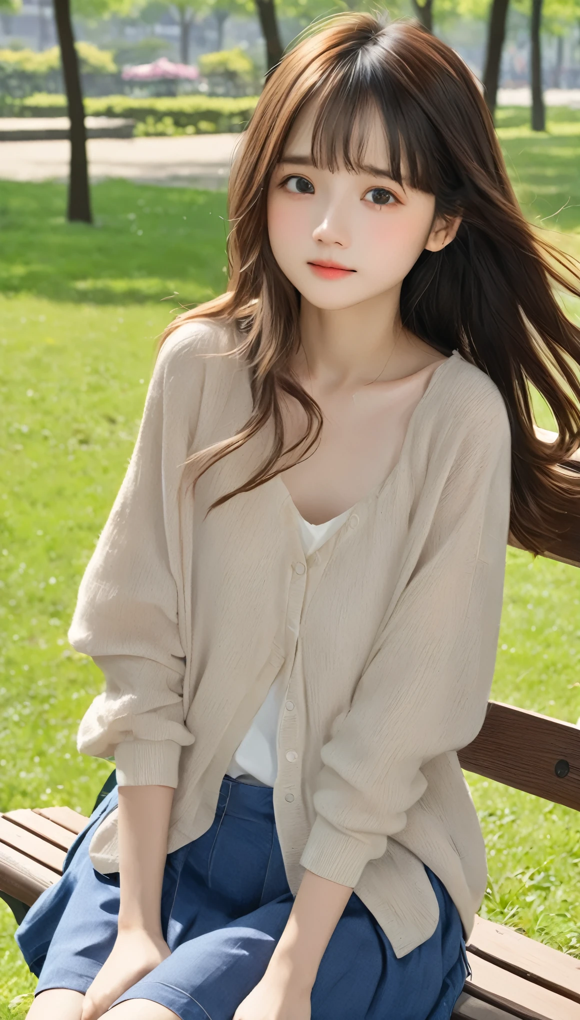 Realistic photos, RAW Photos, , Cute Face, Shy:0.1, ,sitting on a park bench、The wind is blowing、Fluttering Hair、Everyday Scenes