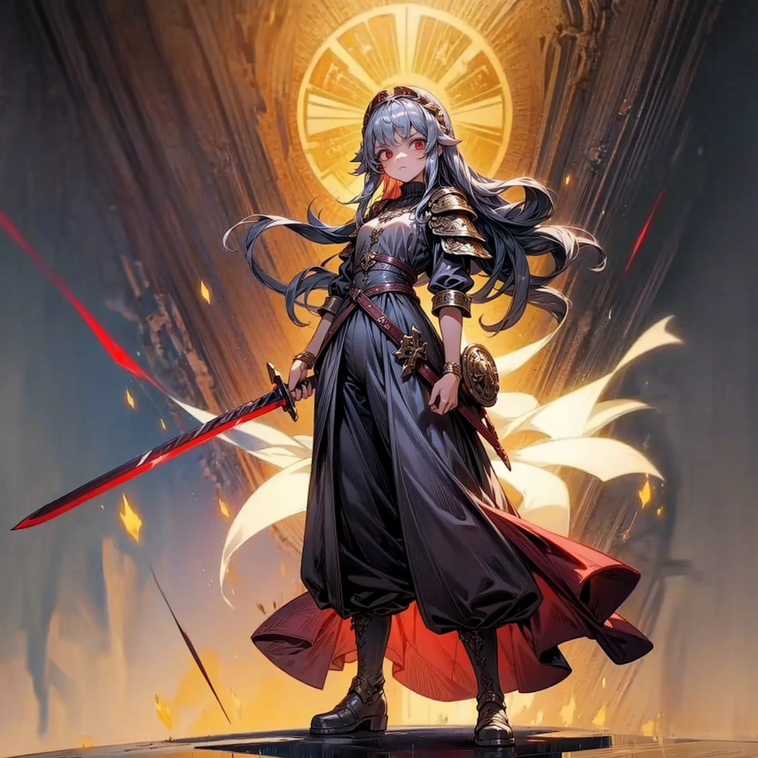 1childern girl, Full body version, 1character, red eyes, long haircut, silver colour hair, Ancient Roman clothing, armors, long pants, boots, Grassroots, full background in field Castle, motion blur, lighting, (one piece art), standing gesture, sword in hand 