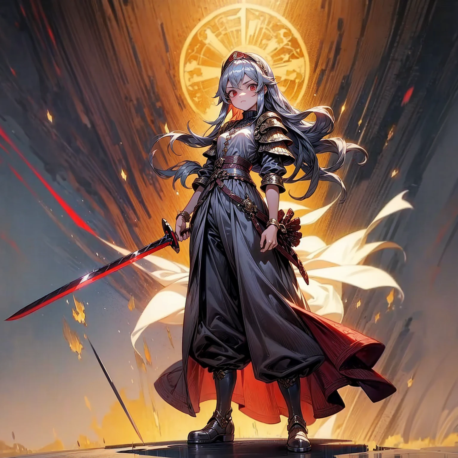 1childern girl, Full body version, 1character, red eyes, long haircut, silver colour hair, Ancient Roman clothing, armors, long pants, boots, Grassroots, full background in field Castle, motion blur, lighting, (one piece art), standing gesture, sword in hand 