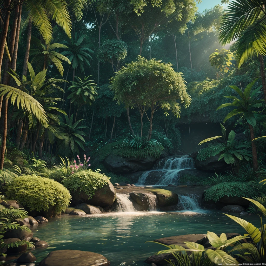 unreal engine 5 render, jungle, river, flowers, extremely detailed, colorful