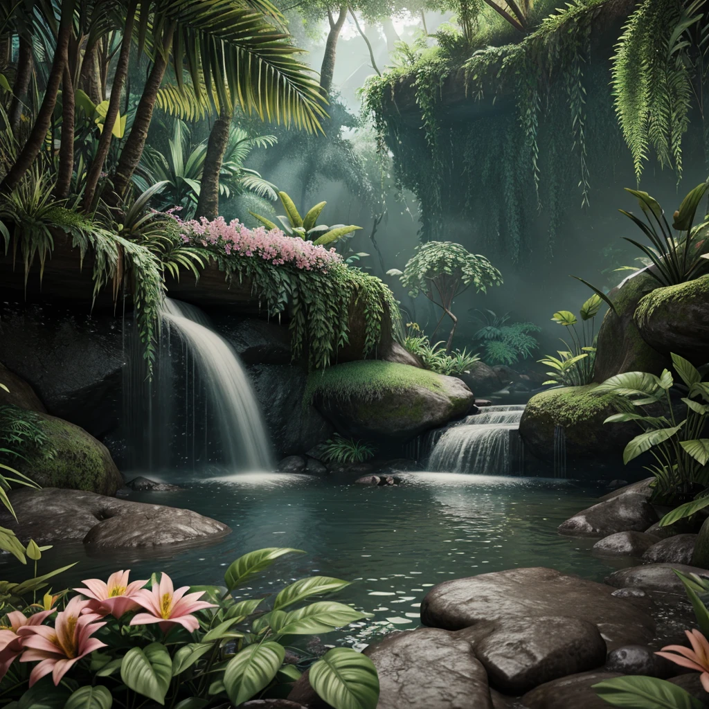 unreal engine 5 render, jungle, river, flowers, extremely detailed, colorful