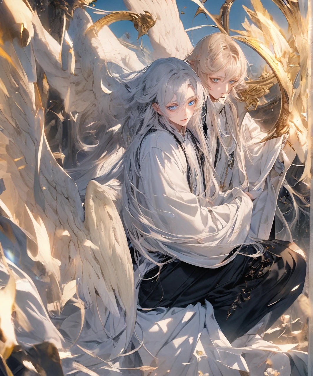 Boy (white hair, long hair, blue eyes, long clothes, angel, black points under the eyes)