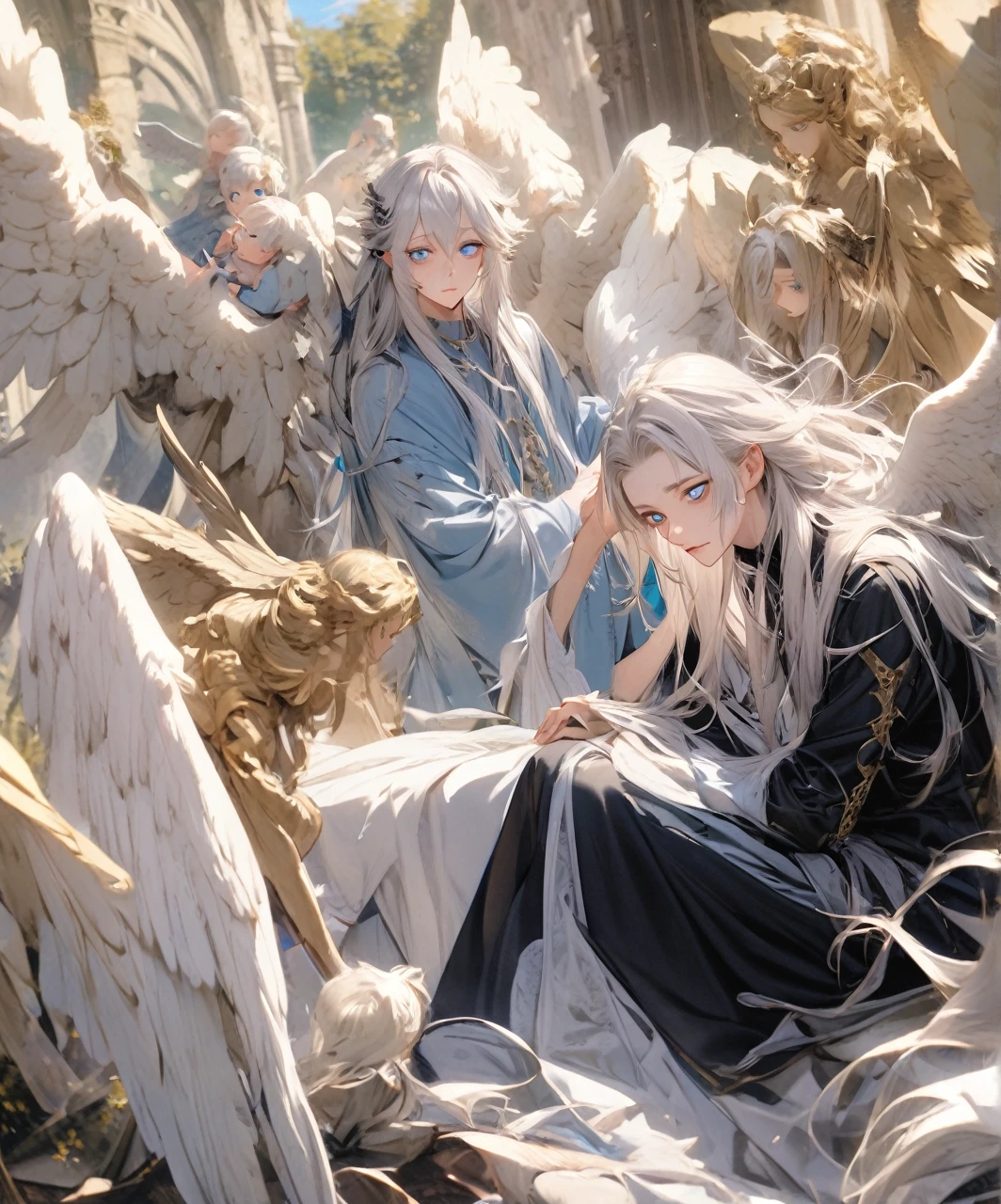 Boy (white hair, long hair, blue eyes, long clothes, angel, black points under the eyes)