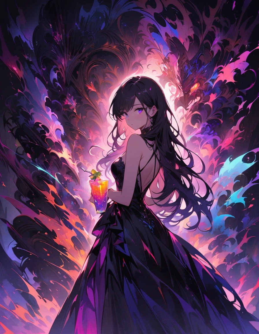 composition, Thematic, Light staging, composition Rear view of a girl in an evening dress. Rear view. The background is black. The girl is standing in a neon dress, a neon mask on her face. Very impressive and beautiful. The girl stands half-turned, looks at the viewer, holds a glass with a neon drink in her hands. Hair and eyes glow with neon light