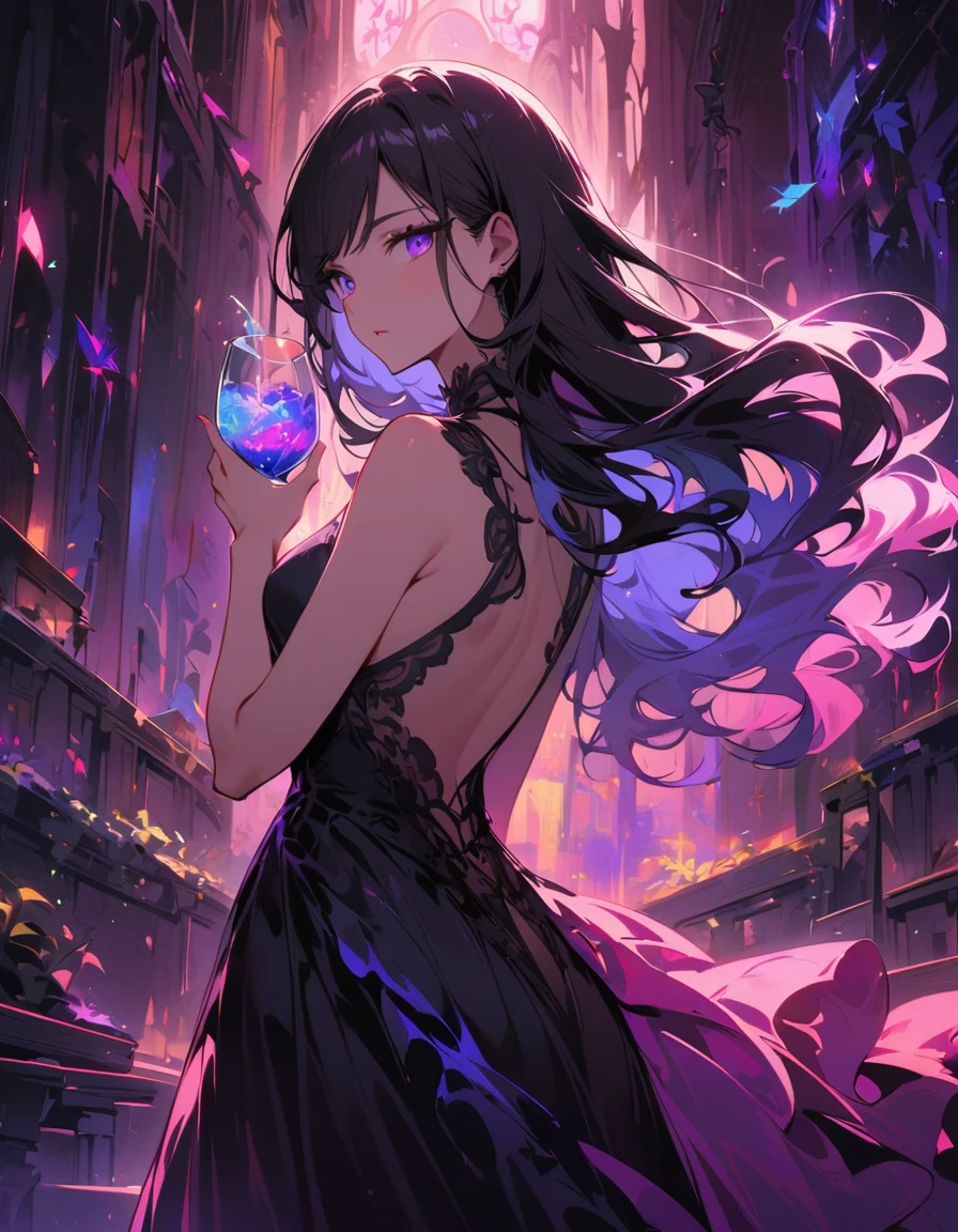 composition, Thematic, Light staging, composition Rear view of a girl in an evening dress. Rear view. The background is black. The girl is standing in a neon dress, a neon mask on her face. Very impressive and beautiful. The girl stands half-turned, looks at the viewer, holds a glass with a neon drink in her hands. Hair and eyes glow with neon light