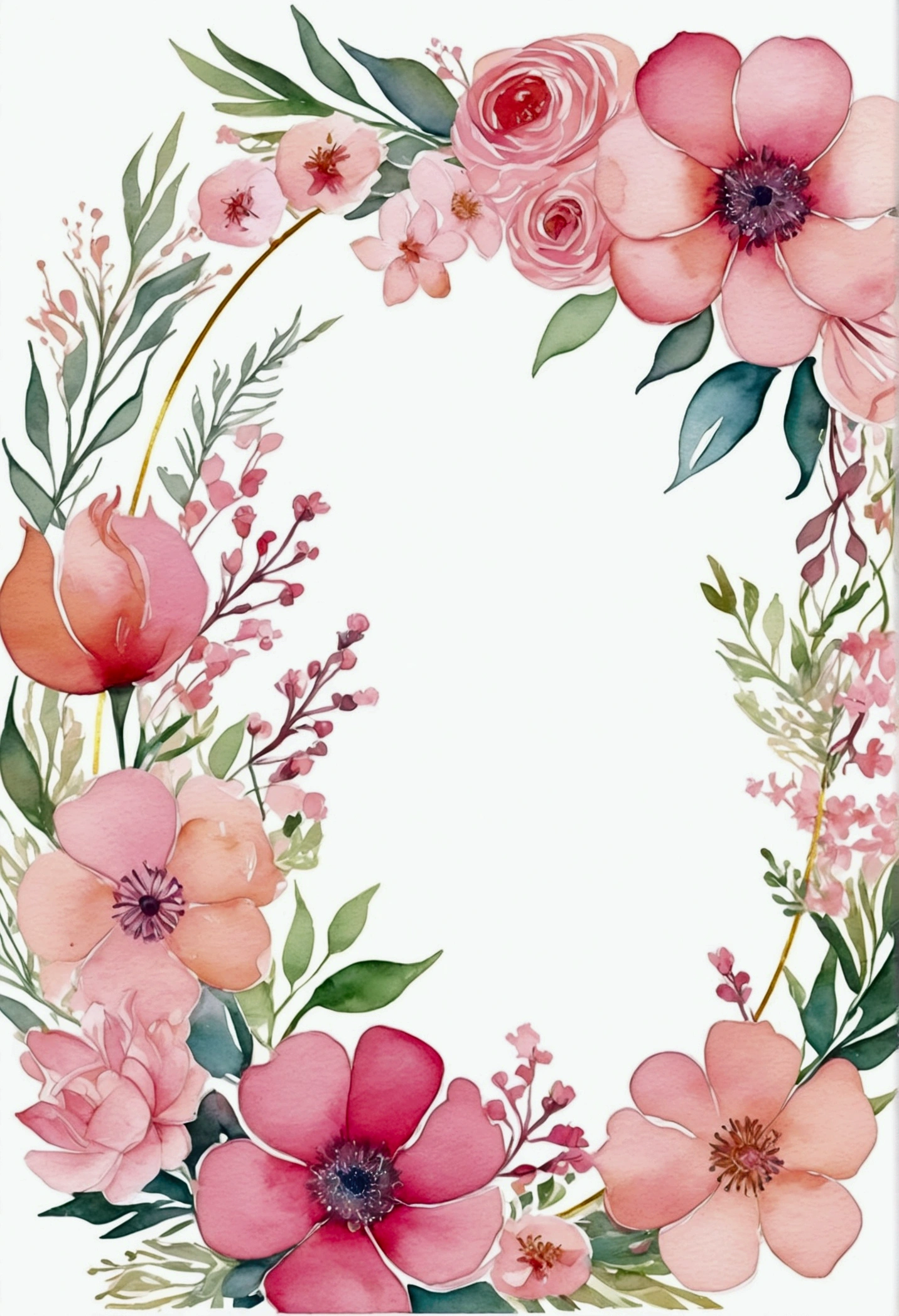 Half moon shaped floral frame, Delicate watercolor flowers in vibrant shades of pink and pink, Engaging illustrations