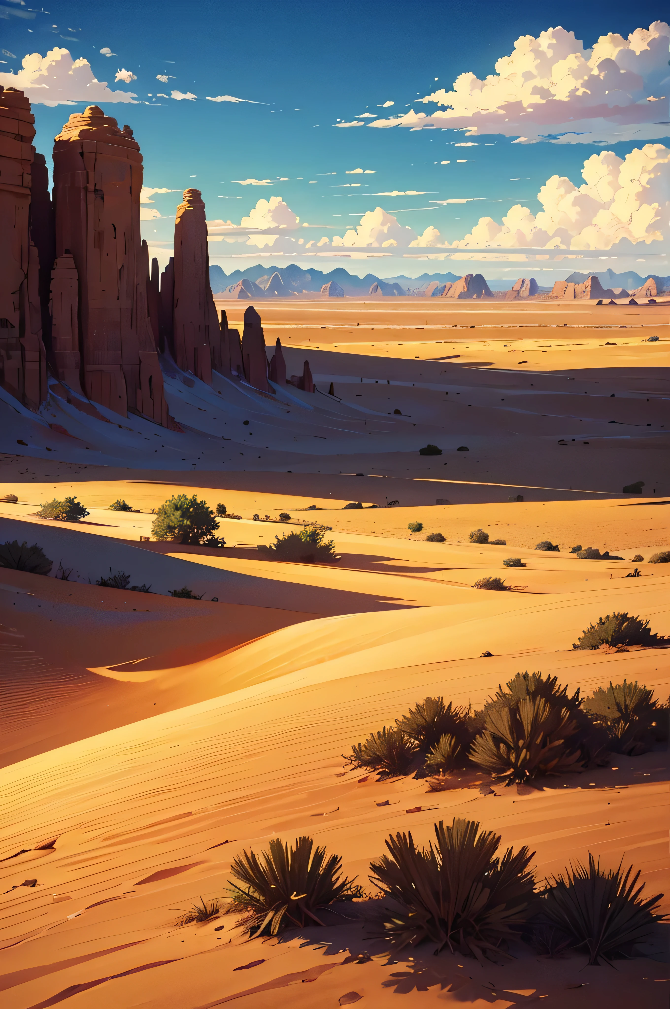 a large and dry desert, wide and hot. In the background we see a small section of some trees, grass and some distant clouds