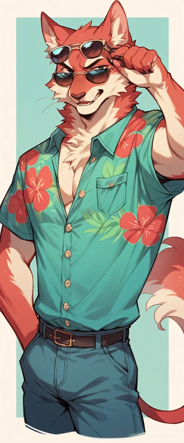 Pale red fluffy cat in sunglasses and a turquoise Hawaiian shirt