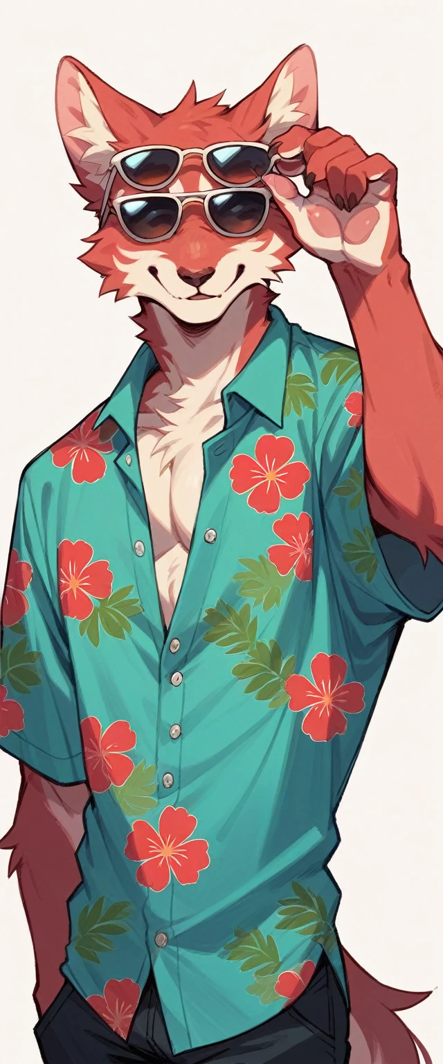 Pale red fluffy cat in sunglasses and a turquoise Hawaiian shirt