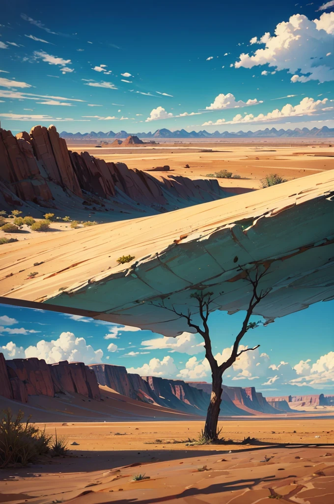 a large and dry desert, wide and hot. In the background we see a small section of some trees, grass and some distant clouds