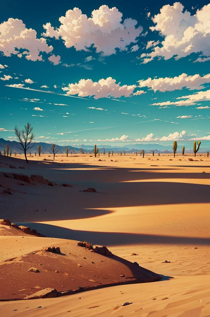 a large and dry desert, wide and hot. In the background we see a small section of some trees, grass and some distant clouds