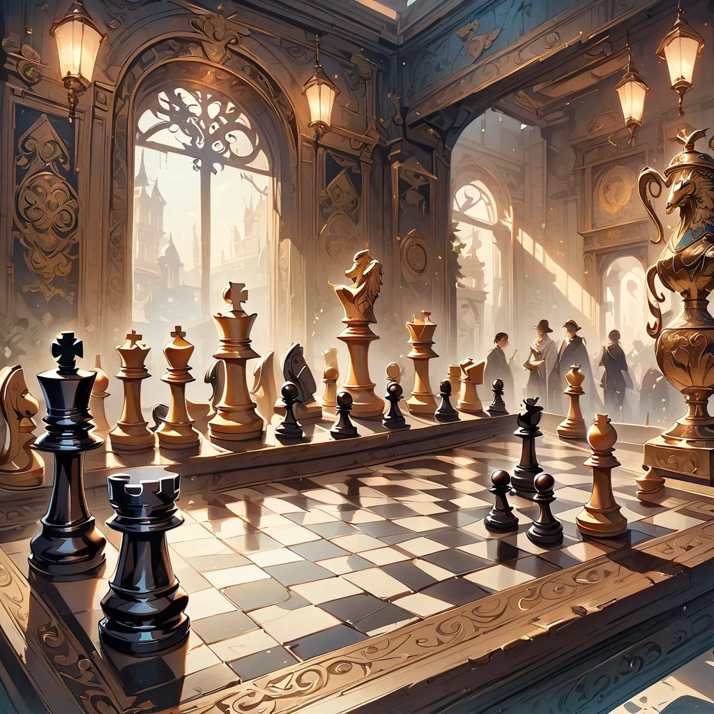 Highest quality, High resolution, Very detailed, Realistic, Vintage Chess Game, An illustration, Hand-drawn, Antique game board, Exquisite wooden chess pieces, Aged texture, Nostalgic atmosphere, Sepia Tone, Soft lighting, Detailed engraving, Complex pattern on a chessboard, Intricate metal fasteners, Delicate workmanship, Exquisite carving, Decorative borders, Ancient masterpieces, Immersive Gaming Experience, Complex game strategy, Black and white contrast, Deep Shadow, Faded elegance, The graceful movements of chess pieces, Immortal Nostalgia, historical charm, Timeless elegance.