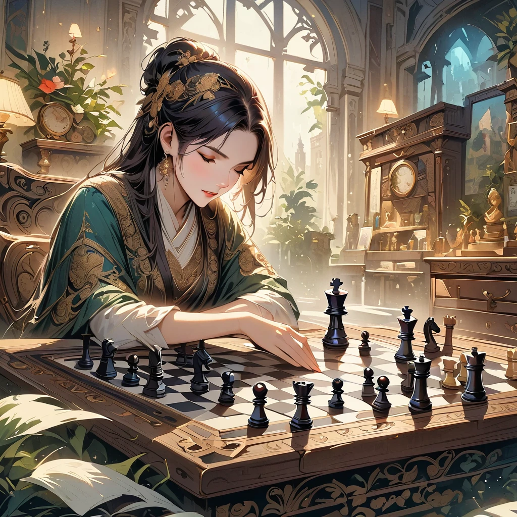 Highest quality, High resolution, Very detailed, Realistic, Vintage Chess Game, An illustration, Hand-drawn, Antique game board, Exquisite wooden chess pieces, Aged texture, Nostalgic atmosphere, Sepia Tone, Soft lighting, Detailed engraving, Complex pattern on a chessboard, Intricate metal fasteners, Delicate workmanship, Exquisite carving, Decorative borders, Ancient masterpieces, Immersive Gaming Experience, Complex game strategy, Black and white contrast, Deep Shadow, Faded elegance, The graceful movements of chess pieces, Immortal Nostalgia, historical charm, Timeless elegance.