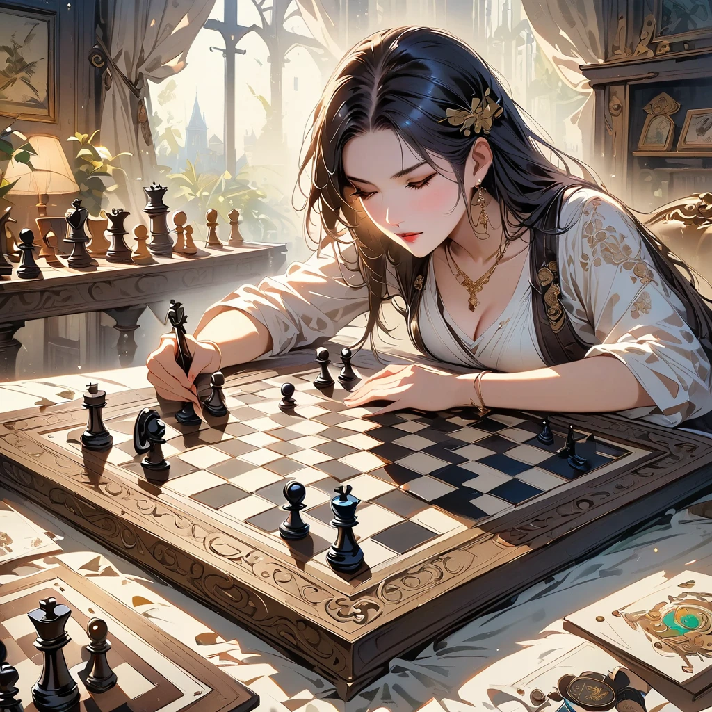 Highest quality, High resolution, Very detailed, Realistic, Vintage Chess Game, An illustration, Hand-drawn, Antique game board, Exquisite wooden chess pieces, Aged texture, Nostalgic atmosphere, Sepia Tone, Soft lighting, Detailed engraving, Complex pattern on a chessboard, Intricate metal fasteners, Delicate workmanship, Exquisite carving, Decorative borders, Ancient masterpieces, Immersive Gaming Experience, Complex game strategy, Black and white contrast, Deep Shadow, Faded elegance, The graceful movements of chess pieces, Immortal Nostalgia, historical charm, Timeless elegance.