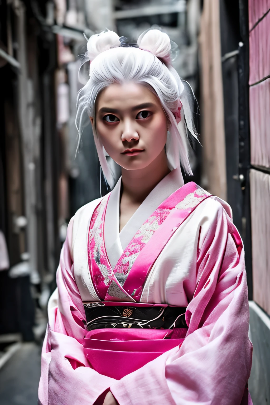 A small with white hair with pastel pink highlights, white with red eyes. She is expressionless and injured in an old-fashioned unlit alley., warrior with dark powers she is wearing ancient japanese clothes