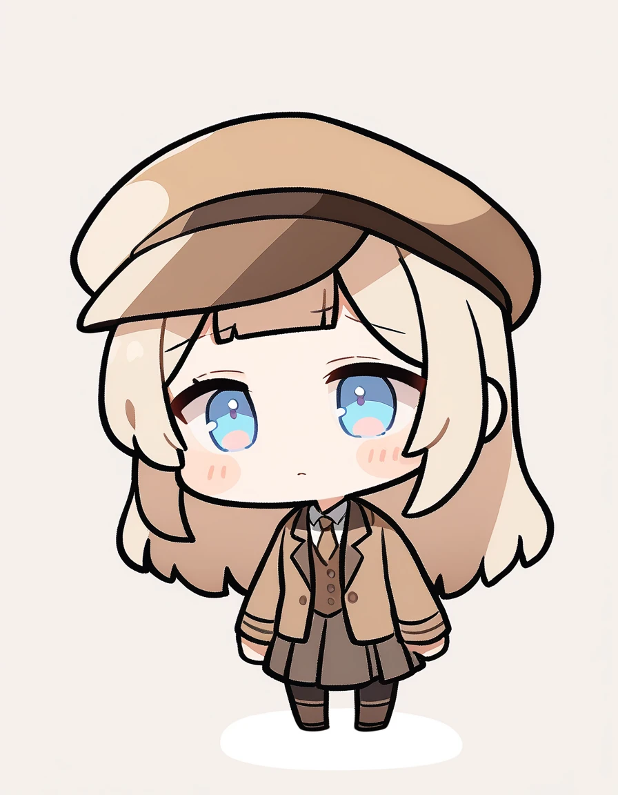 One girl, Beige hair、Long Hair、Bangs、Detective Suit、chibi,Light blue eyes、simple background、sad、Newsboy hat、skirt、Brown clothes