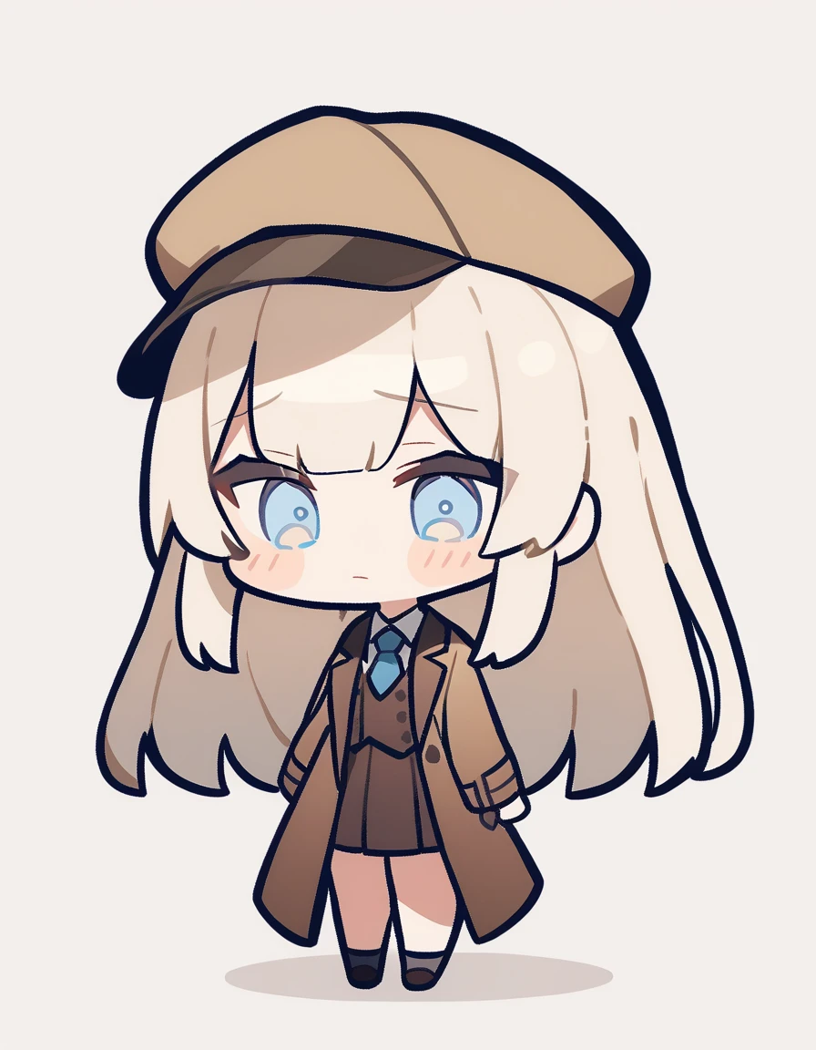 One girl, Beige hair、Long Hair、Bangs、Detective Suit、chibi,Light blue eyes、simple background、sad、Newsboy hat、skirt、Brown clothes