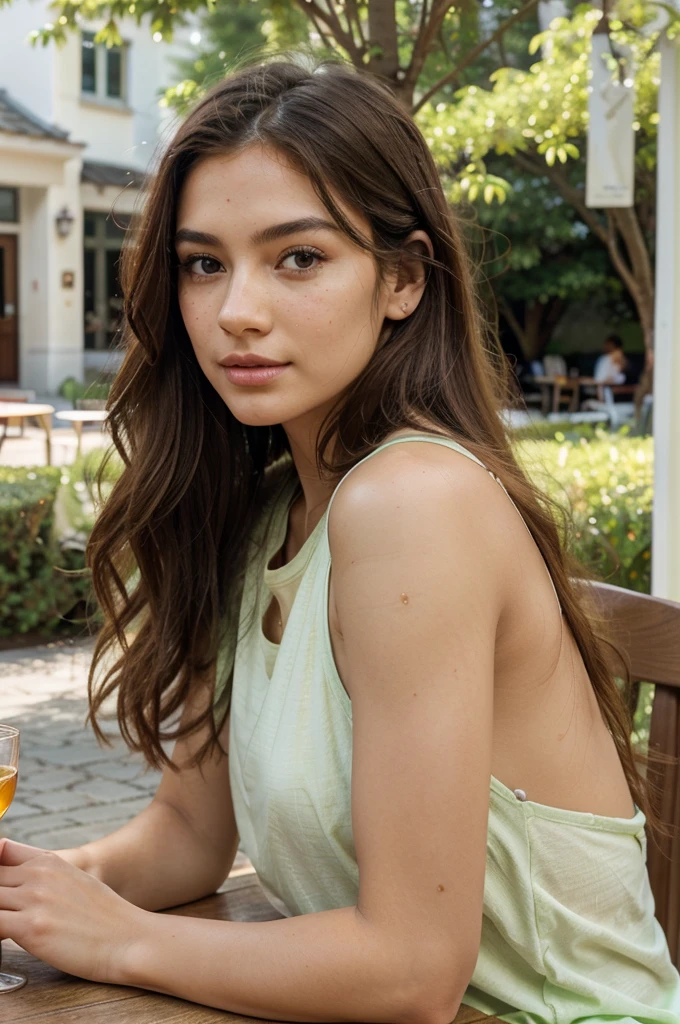 Create a very realistic and beautiful model with the following detailed features: Gender: Female, Age: Young adult (approximately 20-25 years old), Hair: Long, wavy and reddish with a natural shine, gently cascading around the shoulders and back back. . . . . . . . . . . , Eyes: Bright green with a captivating, slightly almond-shaped look, detailed with natural highlights, Skin: Fair complexion with a light texture, including natural freckles on the nose and cheeks, giving a youthful and vibrant appearance: Fair complexion with a light texture, including natural freckles on the nose and cheeks, giving a youthful and lively appearance, Face: with a smooth and natural contour, soft, full lips with a slight pinkish tint and a slightly delicate upturned nose, Expression : a gentle face, with a touch of mischief, which conveys warmth and approachability, Clothing: green t-shirt, bright green color, Context: the model is in an elegant, flowery street, sitting at a table in an open-air restaurant , glass of iced tea on the table, , clear sunny day, view of trees in the background.
Pose: relaxed and confident posture, sitting at a table in an outdoor restaurant, glass of iced tea on the table, , clear sunny day, view of trees in the background.aesthetic, Unsplash, Neoclassicism, Background complex, Best quality, hyper detailed, Gratty Sita, 64K, Light design