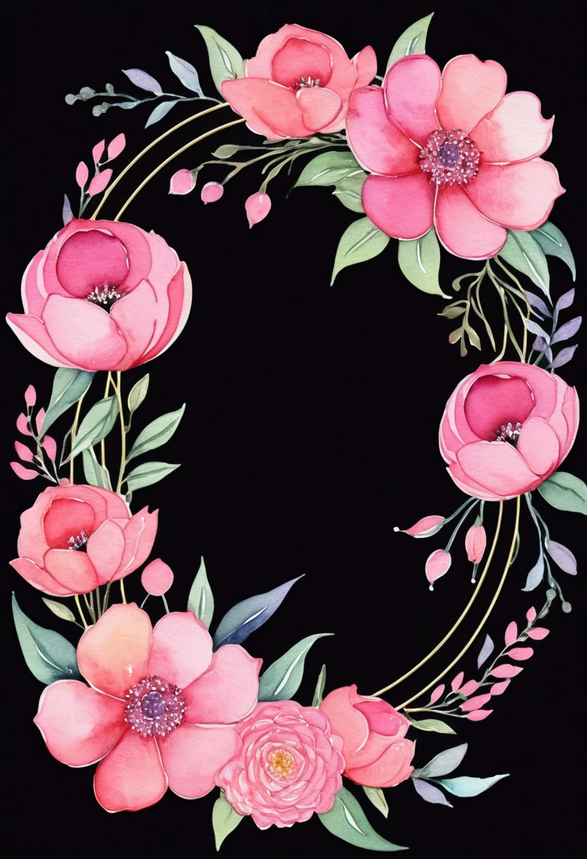Half moon shaped floral frame, Delicate watercolor flowers in vibrant shades of pink and pink, Engaging illustrations