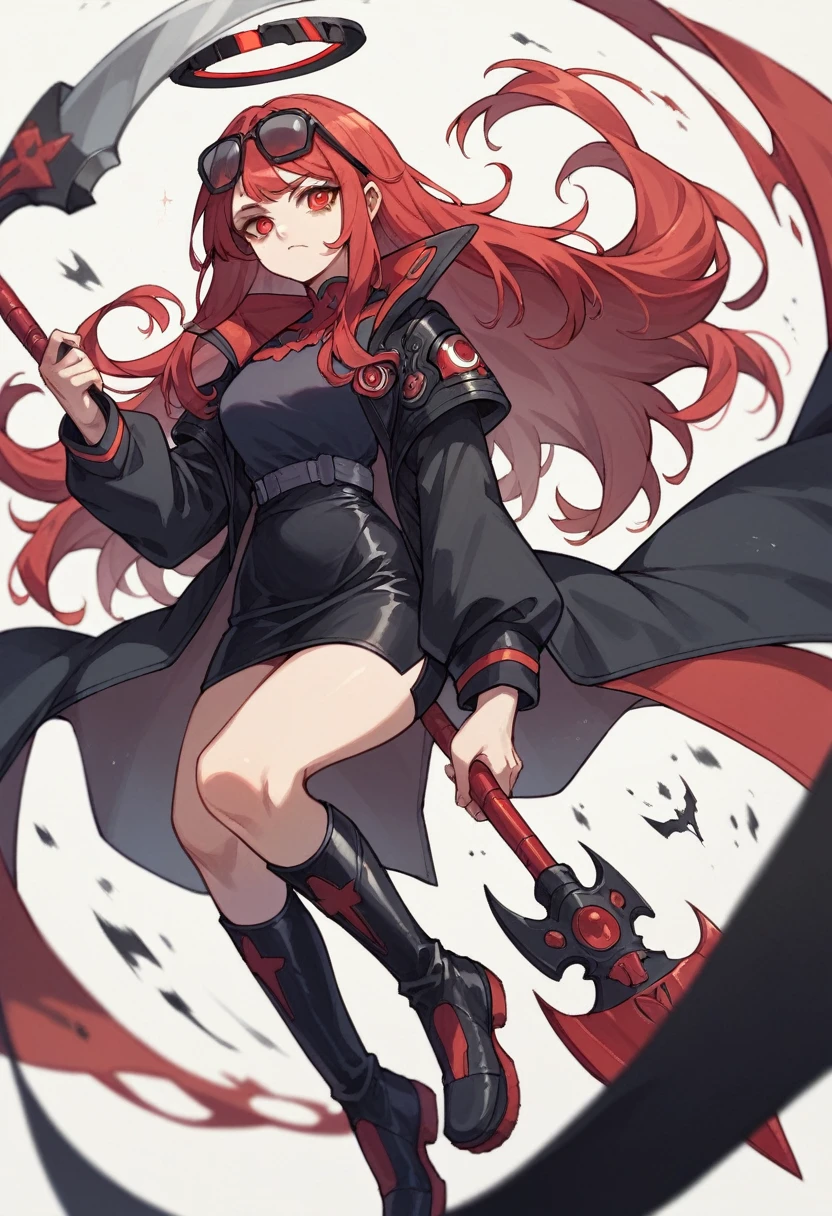 アニメ, best qualityer, Caucasian female, long red hair, Red eye , long sleeve black fitted shirt , black short skirt , black long boots, holding an axe,black halo, black cyberpunk glasses on head, black devil syrup 