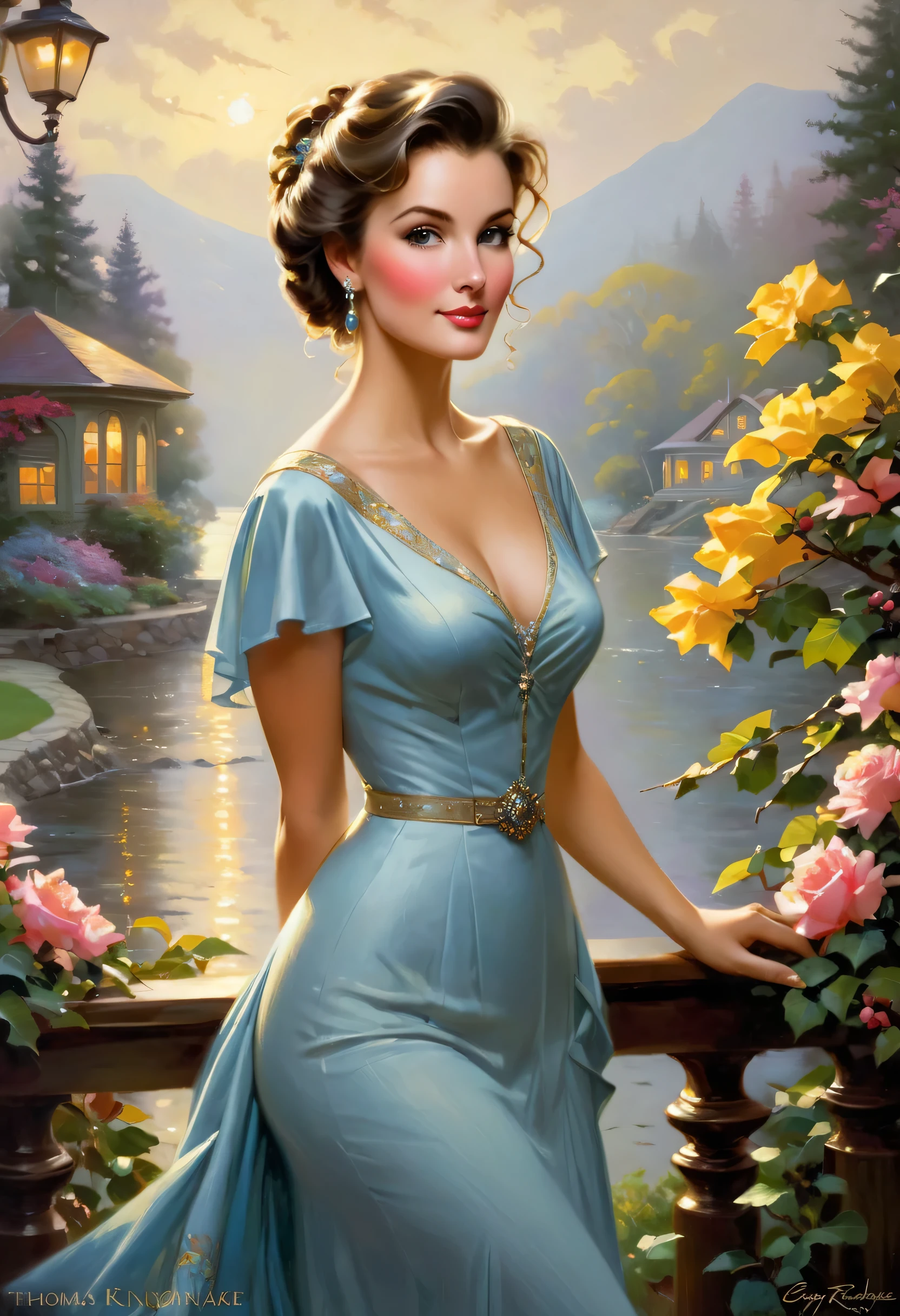 A beautiful woman with large and elegant, Falcon-like nose, who personifies old-fashioned class, sophistication, elegance and also healthy, natural beautiful. In the combined styles of painters Greg Rutkowski, thomas kinkade