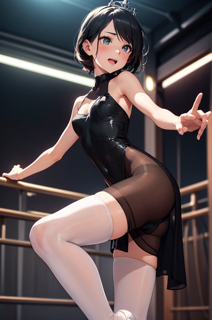 ((masterpiece,best quality)), highres, extremely detailed 8K wallpaper, depth_of_field, best shadow, (Colorful),(Delicate eyes and face), nice hand, Perfect hands, (Perfect lighting), Ray tracing, BREAK
((dancing)), (1girl in), mogami \(kancolle\), black hair, short hair, black eyes / green eyes, swept bangs, small breasts, slender, skinny, smile, (full-face blush), open mouth, BREAK,
(ballerina, ballet:1.2), (tutu:1.3), (dark leotard:1.2), (transparent dark dress:1.3), (black pantyhose:1.2), bare shoulders, tiara, cameltoe, point shoes, ballet slippers, sexy, BREAK,
(cowboy shot and knee:1.5), stomach focus, from behind, ((dancing saloon)), night time, (dark backgrounds:1.3),