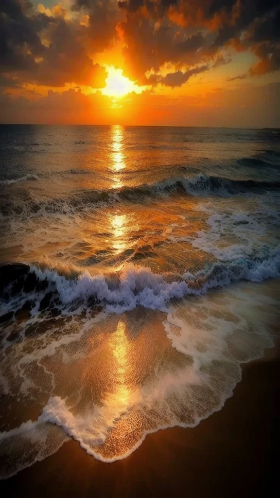 An absolutely mesmerizing sunset over the beach, with a blend of oranges, pinks, and yellows filling the sky. Crystal-clear waters of the sea gently kissing the shore, with sandy white beach stretching far and wide. The scene is dynamic and breathtaking, with seagulls soaring high in the sky and gently swaying palm trees. Take in the calming atmosphere and let the peacefulness wash over you.