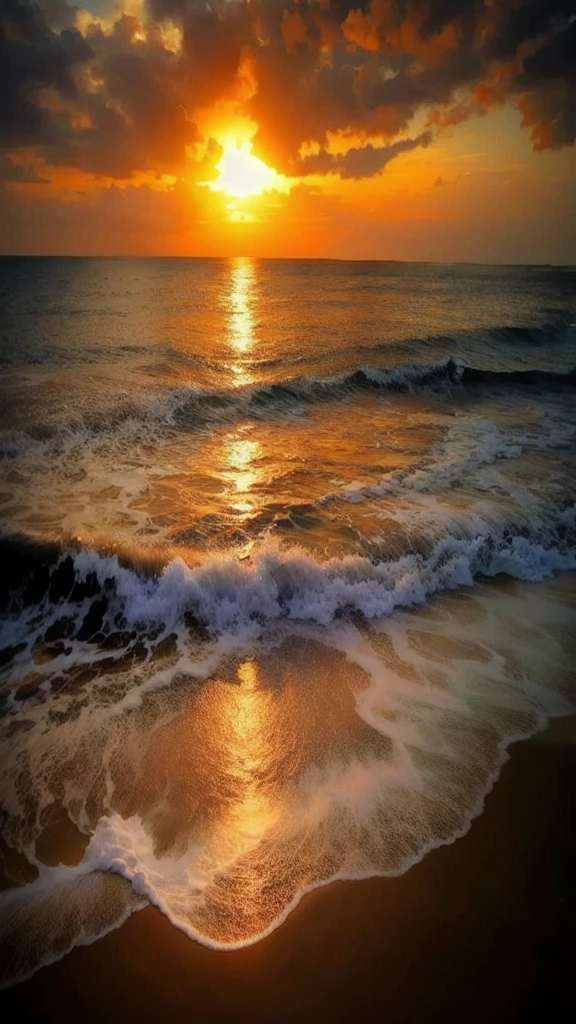 An absolutely mesmerizing sunset over the beach, with a blend of oranges, pinks, and yellows filling the sky. Crystal-clear waters of the sea gently kissing the shore, with sandy white beach stretching far and wide. The scene is dynamic and breathtaking, with seagulls soaring high in the sky and gently swaying palm trees. Take in the calming atmosphere and let the peacefulness wash over you.