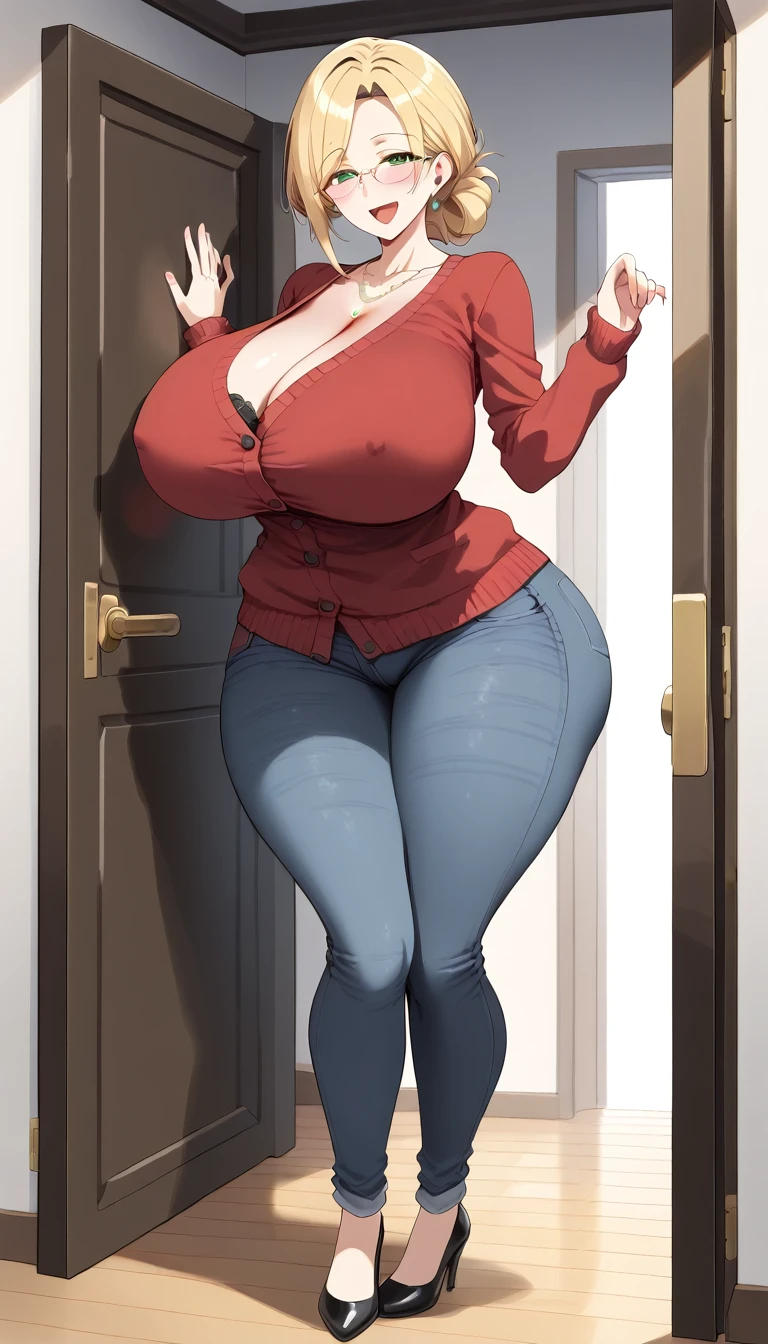 (Best quality: 1.5), (masterpiece: 1.5), (2.5D), (good definition), (detailed face), (well-drawn face), (vivid colors), (1 character), (exaggerated proportions), (hentai), (perfect anatomy), (character in the center), (absurd), (4k wallpaper), (detailed eyes), (perfect hands), (perfect fingers), (beautiful skin), (glowing skin) )), (perfect shadows), (perfect lighting), (full body), (beautiful eyes), (masterpiece), (voluptuous body), (pretty face), adult woman, seductive MILF, Mature MILF Face, woman mature, blonde hair with a low and slightly disheveled ponytail, green eyes, wears glasses, wears a long knitted cardigan and tight jeans, happy and excited expression, huge breasts, huge thighs, huge butt, voluptuous body, good proportions, she is standing on the entrance to your house opening the door