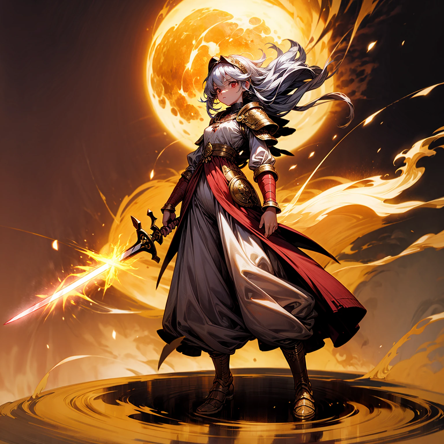 1childern girl, Full body version, 1character, red eyes, long haircut, silver colour hair, Ancient Roman clothing, gold armors, long pants, boots, Grassroots, full background in field, motion blur, lighting, (one piece art), standing gesture, gold sword in hand, lighting fire effect on sword, lighting on sword, smoke effect, fire effect, blood on background, Fire effect on background, plasma effect, moon, Moonlight 