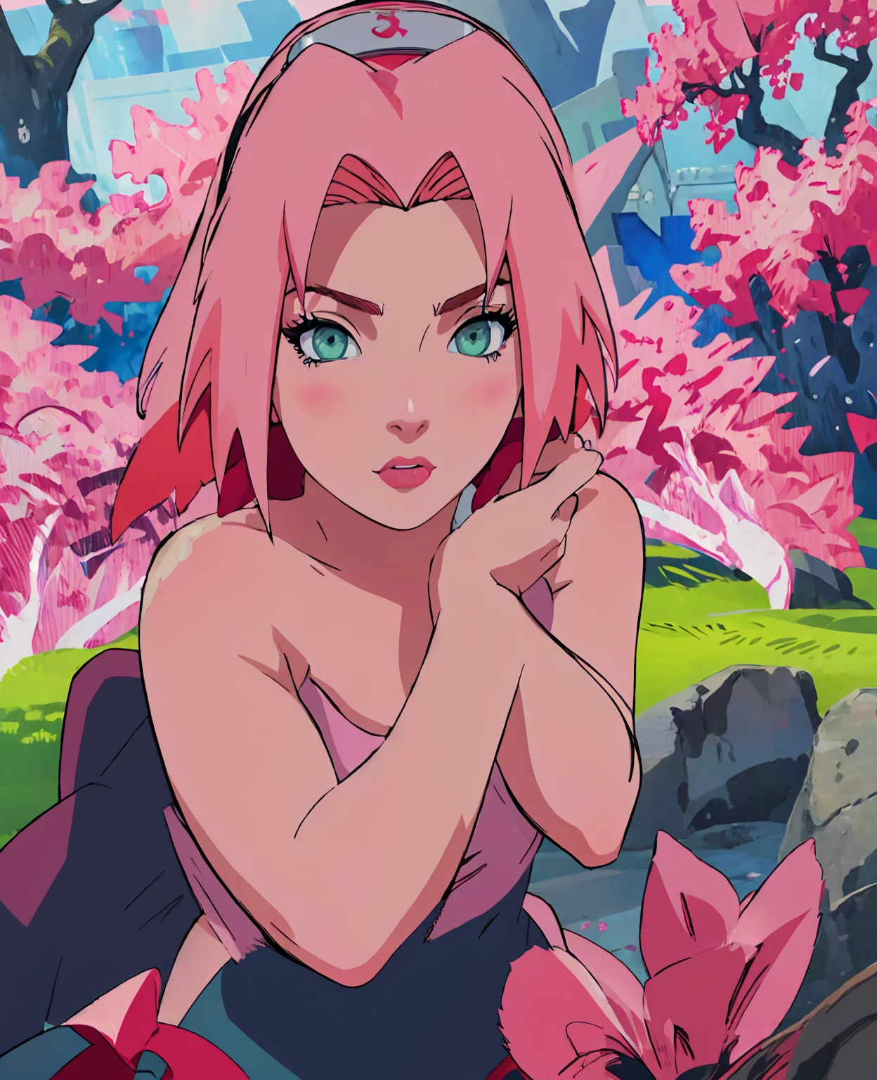 sakura haruno,1girl,beautiful detailed eyes,beautiful detailed lips,extremely detailed face,long eyelashes,pink hair,green eyes,ninja,konoha village,sakura petals,cherry blossom trees,detailed background,cinematic lighting,vibrant colors,fantasy,digital painting,masterpiece,best quality,8k,highres,photorealistic