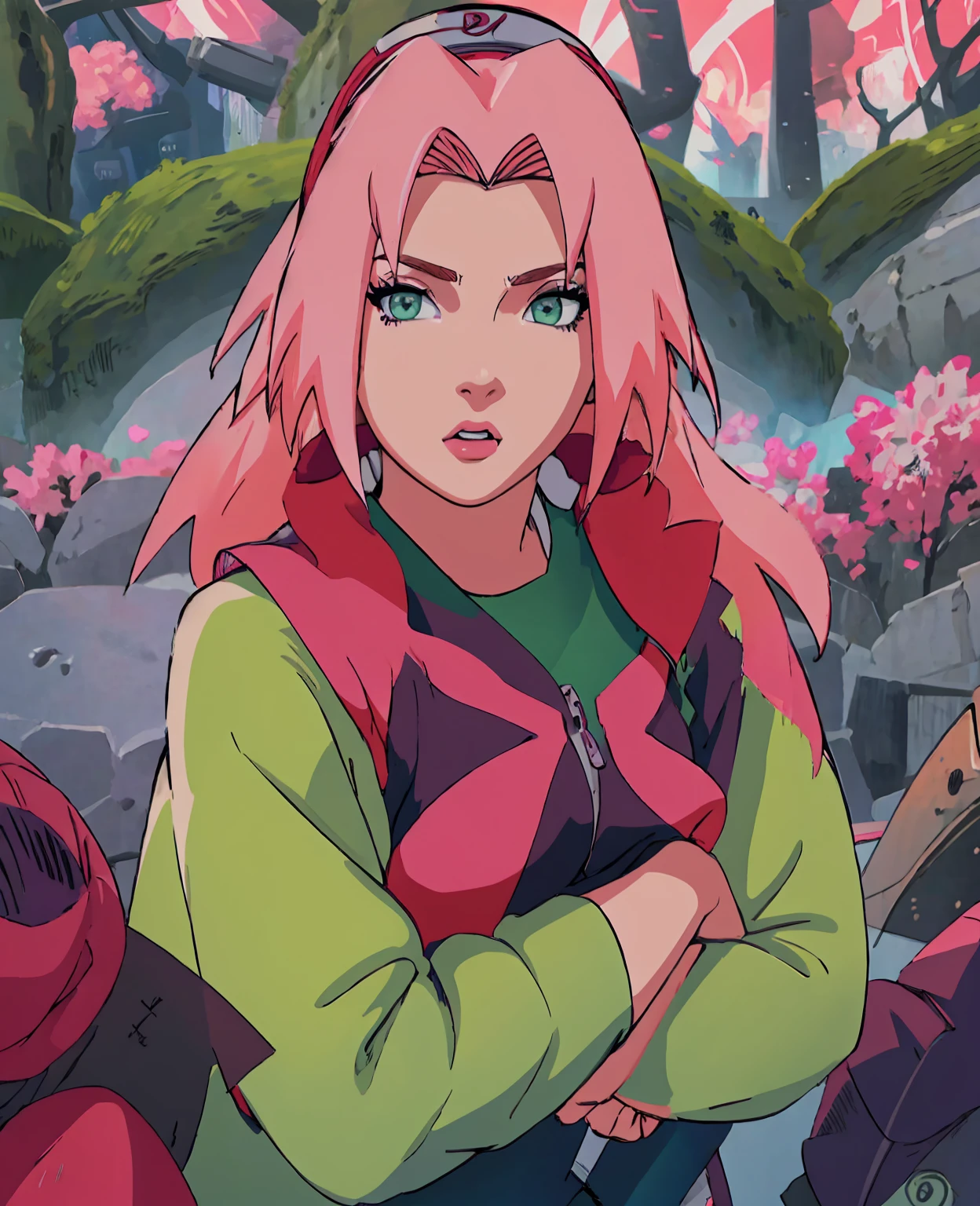 sakura haruno,1girl,beautiful detailed eyes,beautiful detailed lips,extremely detailed face,long eyelashes,pink hair,green eyes,ninja,konoha village,sakura petals,cherry blossom trees,detailed background,cinematic lighting,vibrant colors,fantasy,digital painting,masterpiece,best quality,8k,highres,photorealistic