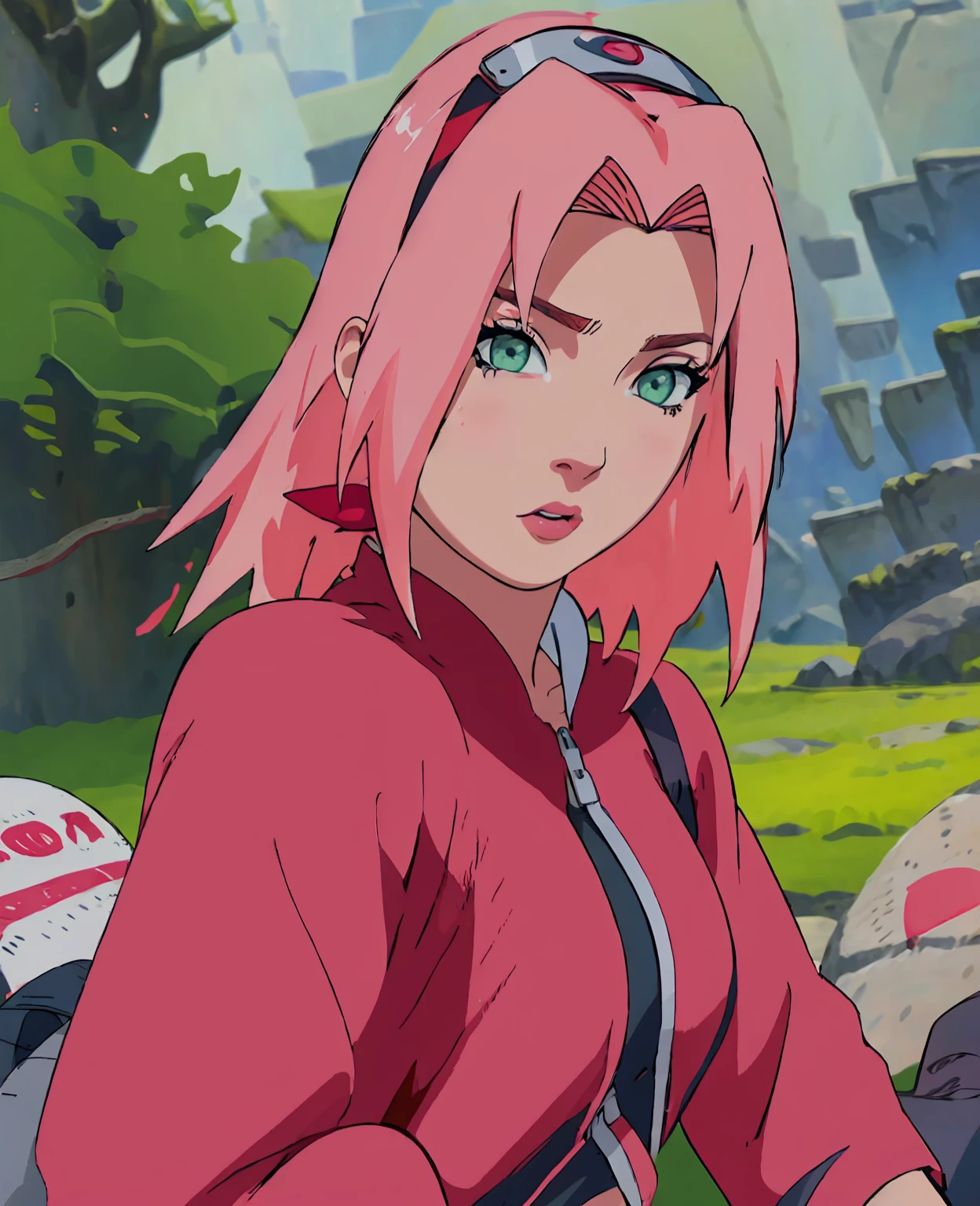 sakura haruno,1girl,beautiful detailed eyes,beautiful detailed lips,extremely detailed face,long eyelashes,pink hair,green eyes,ninja,konoha village,sakura petals,cherry blossom trees,detailed background,cinematic lighting,vibrant colors,fantasy,digital painting,masterpiece,best quality,8k,highres,photorealistic