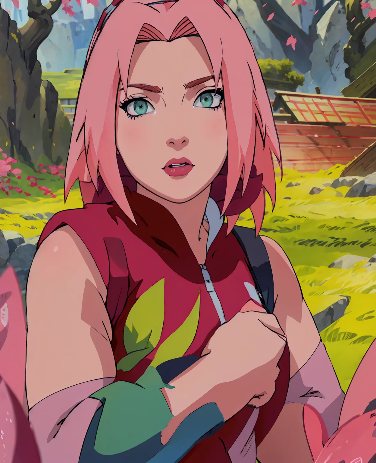 sakura haruno,1girl,beautiful detailed eyes,beautiful detailed lips,extremely detailed face,long eyelashes,pink hair,green eyes,ninja,konoha village,sakura petals,cherry blossom trees,detailed background,cinematic lighting,vibrant colors,fantasy,digital painting,masterpiece,best quality,8k,highres,photorealistic