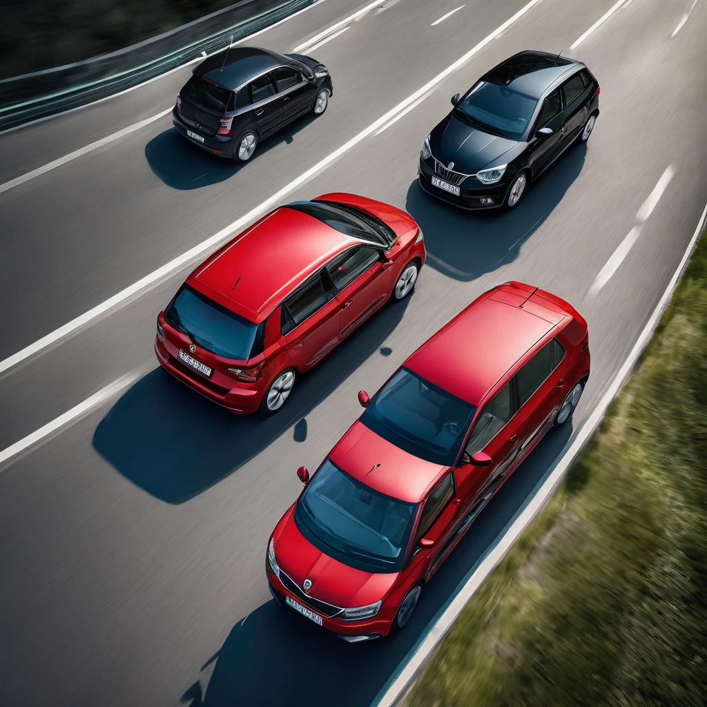 a four-lane highway on which a large modern black European electric car is driving slowly in the right slower lane and is overtaken by a faster moving old red Škoda Fabia 2000 car in the left faster lane, top view, high quality detail, photo