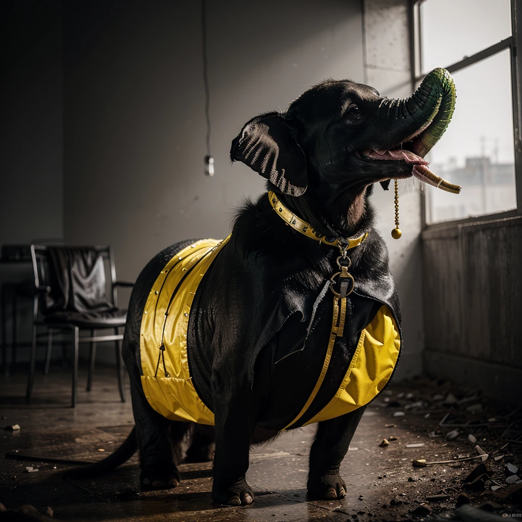 A captivating, high-contrast black and white photograph with striking red, green, and yellow accents. The image, captured by the talented André Uhlisch for National Geographic, features a vibrant, old fish with elephant legs, dressed in a glistening, elaborate costume. The fish is adorned with delicate fur arm prosthetics and dust leg prosthetics. In a post-apocalyptic style, the fish rides atop the head of a dog, adding an unexpected and surreal element to the composition.