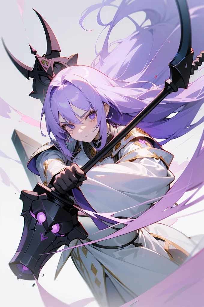 (Beautiful woman,Royal Knights),Light purple hair、Long Hair、Portrait of a noble knight,Speed Line,Combat Stance,Wield a huge weapon,Expressionless,Faint-hearted face、the below described,magma,Big Scythe、Stocky body、Shoulders out、White background、Fullbody、White clothes、Human ear、alone、Facing forward