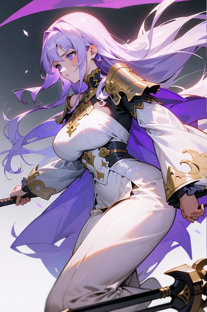 (Beautiful woman,Royal Knights),Light purple hair、Long Hair、Portrait of a noble knight,Speed Line,Combat Stance,Wield a huge weapon,Expressionless,Faint-hearted face、the below described,magma,Big Scythe、Stocky body、Shoulders out、White background、Fullbody、White clothes、Human ear、alone、Facing forward