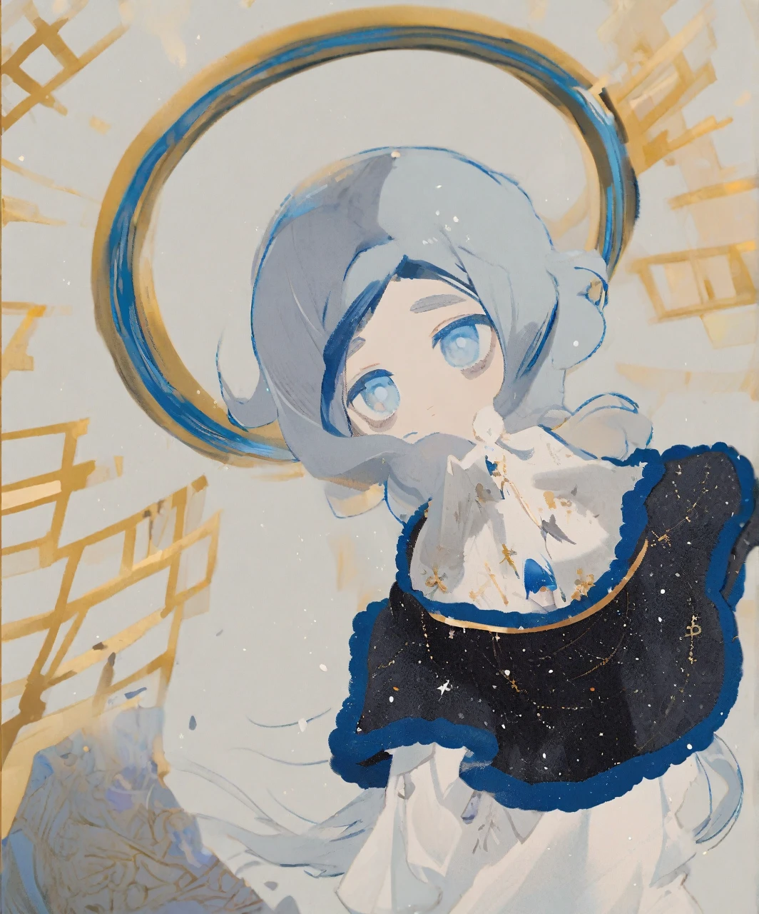 Boy (white hair, long hair, blue eyes, long clothes, angel, black points under the eyes)