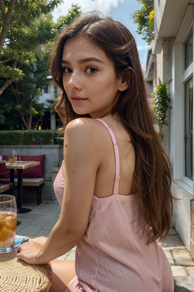 Create a very realistic and beautiful model with the following detailed features: Gender: Female, Age: Young adult (approximately 20-25 years old), Hair: Long, wavy and reddish with a natural shine, gently cascading around the shoulders and back back. . . . . . . . . . . , Eyes: Bright green with a captivating, slightly almond-shaped look, detailed with natural highlights, Skin: Fair complexion with a light texture, including natural freckles on the nose and cheeks, giving a youthful and vibrant appearance: Fair complexion with a light texture, including natural freckles on the nose and cheeks, giving a youthful and lively appearance, Face: with a smooth and natural contour, soft, full lips with a slight pinkish tint and a slightly delicate upturned nose, Expression : a sweet face, with a touch of mischief, which conveys warmth and approachability, Clothing: pink t-shirt, bright pink color, Context: the model is on an elegant, flowery street, sitting at a table in an open-air restaurant , glass of iced tea on the table, , clear sunny day, view of trees in the background.
Pose: relaxed and confident posture, sitting at a table in an outdoor restaurant, glass of iced tea on the table, , clear sunny day, view of trees in the background.aesthetic, Unsplash, Neoclassicism, Background complex, Best quality, hyper detailed, Gratty Sita, 64K, Light design